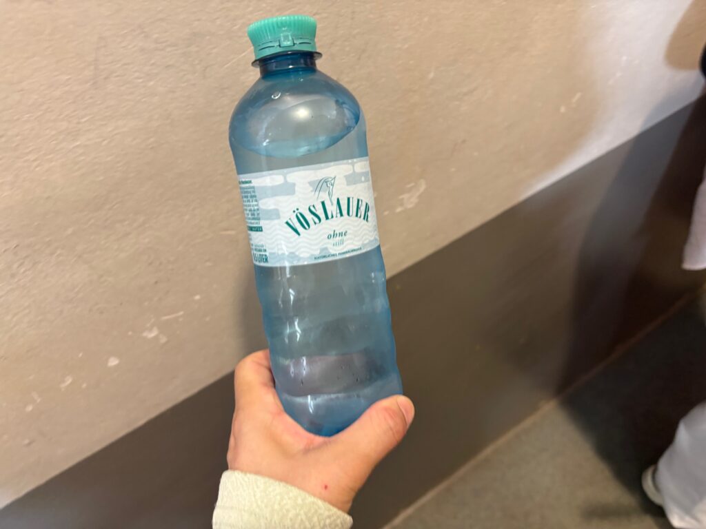 オーストリアのスーパーで購入したVöslauerのペットボトル水を手に持っている様子
