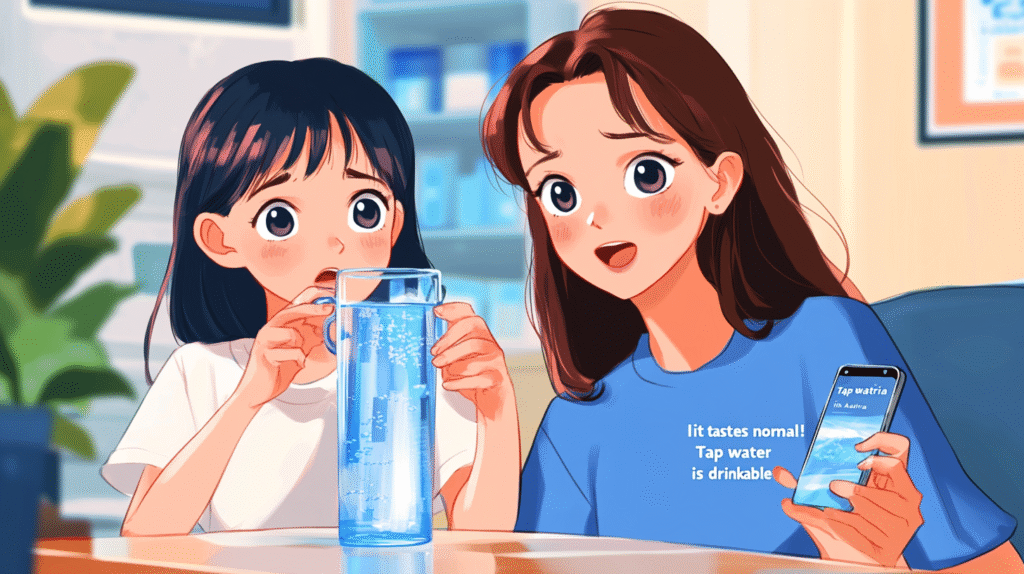 オーストリアで水道水を飲んで驚いている親子のイラスト。グラスの水とスマホを確認しながら、水道水が美味しいことに気づくシーン