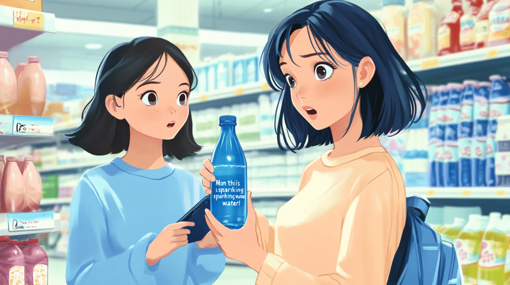 オーストリアのスーパーで硬水のペットボトルを手にして驚く母娘のイラスト