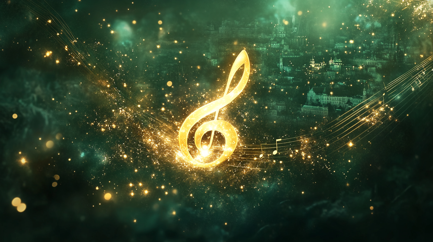 ウィーンの夜景と黄金の音符のイメージ