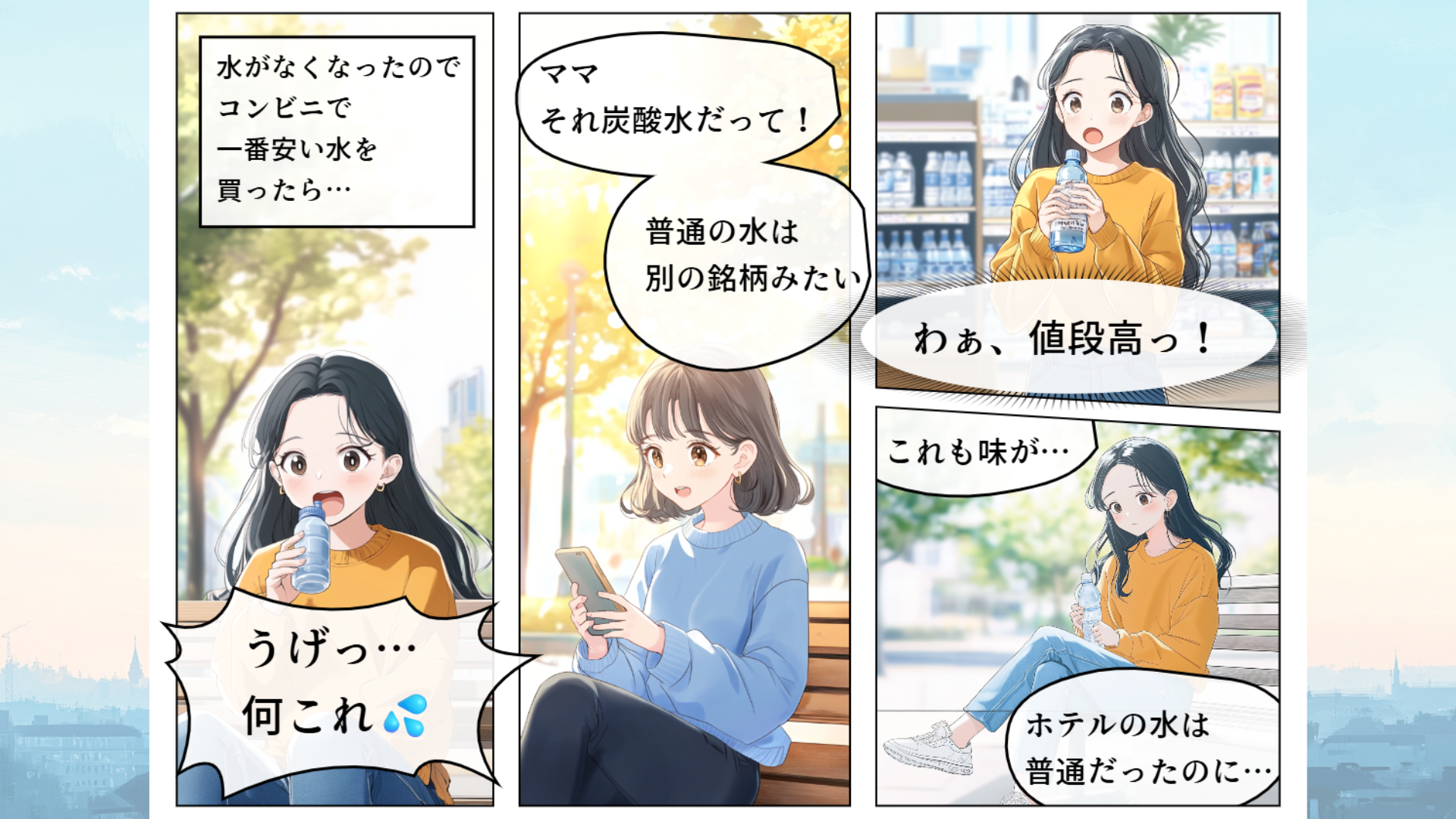ウィーンの街並みを背景に、水のボトルを持つ女性の4コマ漫画アイキャッチ